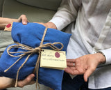 Hot Cherry Square Pillow in Blue Denim