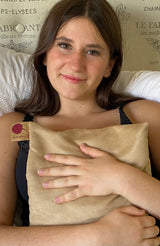 Large Square Cherry Stone Pillow in Tan Ultra-Suede